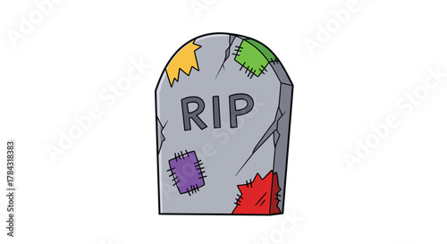 Spooky tombstone with colorful patches for Halloween decorations and creepy designs, a fun and unique design element