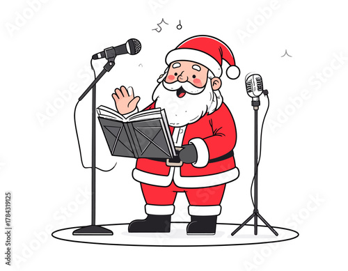 Santa Claus Singing Christmas Carols with Microphones.