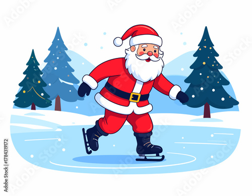 Santa Claus Ice Skating in Winter Wonderland Illustration.