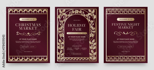Elegant Christmas Flyer Poster Template in Red & Gold Hues, Classic Traditional Festive Border Frame Vector for Postcard, Invite, Invitation & Background Layouts