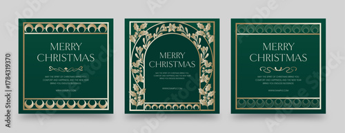 Elegant Christmas Flyer Poster Template in Green & Gold Hues, Classic Traditional Festive Border Frame Vector for Postcard, Invite, Invitation & Background Layouts