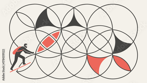 A man surfing through a geometric pattern of intersecting circles, navigating a complex design with style and determination