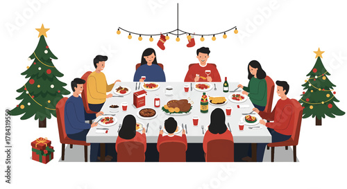 Happy family and friends gather for a festive Christmas dinner celebration, enjoying traditional food and drinks in a beautifully decorated home for the holidays