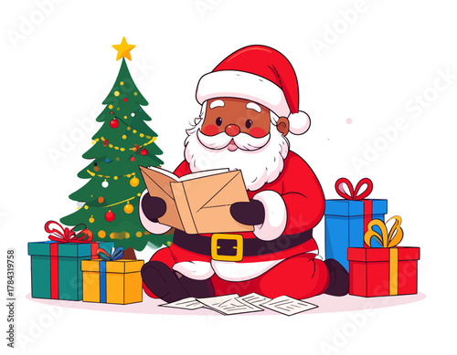 Santa Claus Reading Letters by Christmas Tree with Gifts.