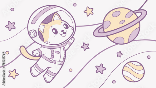 A cute cat astronaut floats in space surrounded by planets and stars, creating a whimsical and charming scene of feline exploration in the cosmos