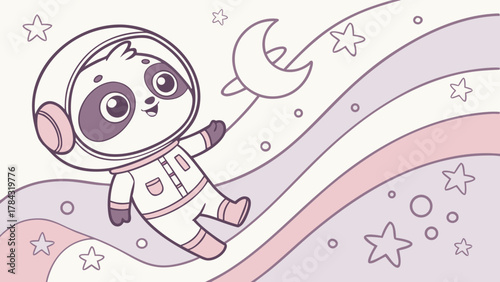 A charming sloth astronaut floats peacefully in space amidst stars and a crescent moon, creating a serene and dreamy cosmic adventure scene