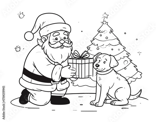 Santa Claus Delivering a Gift to a Dog near Christmas Tree.