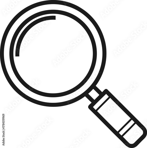 Minimalist line art illustration of a magnifying glass with a simple handle showcasing a clean and modern design isolated on white background.