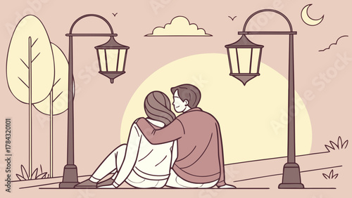 A serene illustration shows a couple embracing while seated on a hill, watching the sunset together, framed by vintage street lamps and trees