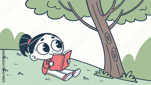 A young girl with black hair is sitting under a tree and reading a book, enjoying the peaceful atmosphere of nature on a sunny day