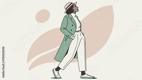 A stylish woman in a coat and hat confidently strides forward, her pose exuding elegance and sophistication against a minimalist backdrop