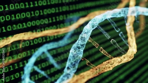 A detailed image of a biological structure against a backdrop of computer code, displaying contrasting colors and a depth of field