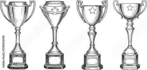 Trophy cup collection, award success, achievement celebration, victory symbol, championship prize, detailed sketch, CAD drawing flat vector illustration