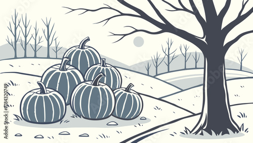 A cluster of pumpkins nestled near a bare tree on a hill, with a pale moon in the background, evoking a serene autumn atmosphere