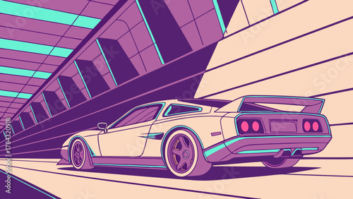 Retro sports car vector illustration in a neonlit tunnel, capturing the essence of 80s style and speed with vibrant colors