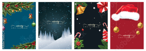 Festive christmas banners featuring evergreen branches ornaments lights snow santa hat bells and candy canes