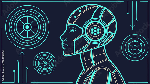 Futuristic robot head with glowing details, a symbol of artificial intelligence, technology, and the future of automation and digital transformation