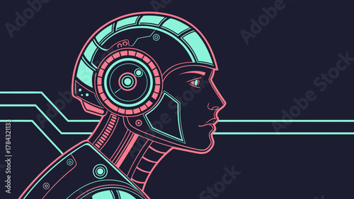 A sleek illustration of a futuristic robot head in profile, featuring neon accents and a minimalist design against a dark background