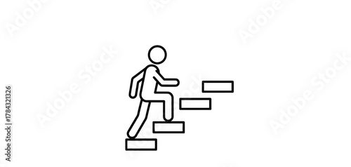 Stick figure climbing an upward staircase, symbolizing career advancement, personal progress, overcoming challenges, and the journey to success.