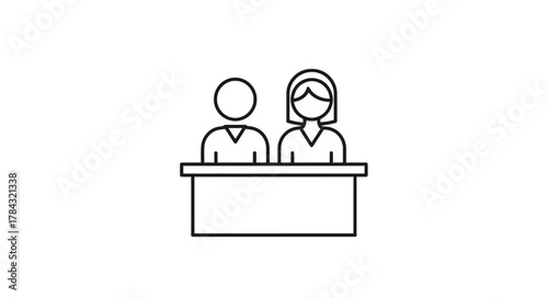 Minimalist line icon depicting a man and a woman together behind a desk or counter, representing business staff, customer service, or teamwork.