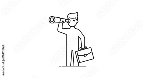 Businessman line art illustration looking through a telescope, symbolizing future vision, search for opportunities, business strategy, and discovery.