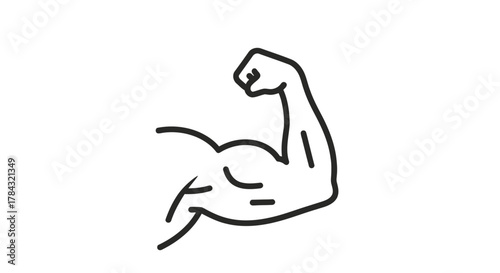 Flexed bicep muscle line art drawing symbolizing strength, power, fitness, and human physical capability with minimalist style graphic.