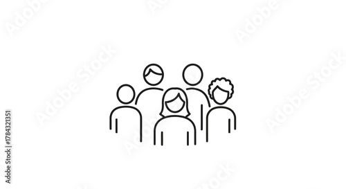 Outline illustration of a diverse group of five people icons representing a community, team, users, and social network connections in a modern, minimalist style concept.