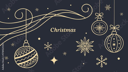 Elegant christmas background with golden ornaments and snowflakes, perfect for adding a touch of sophistication to your holiday designs