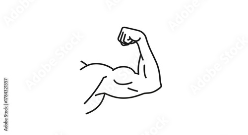 Simple hand-drawn black outline illustration of a flexed human bicep arm, representing strength, power, fitness, and physical well-being. 