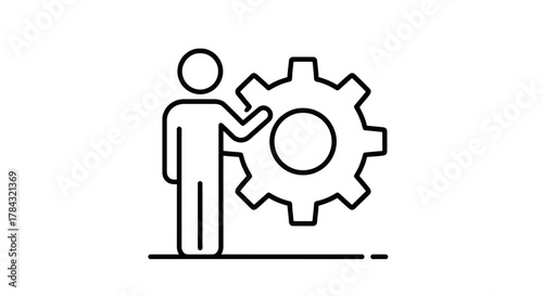 A conceptual line art icon depicting a person standing next to a cogwheel, symbolizing user management, settings, customization, and system administration functions.