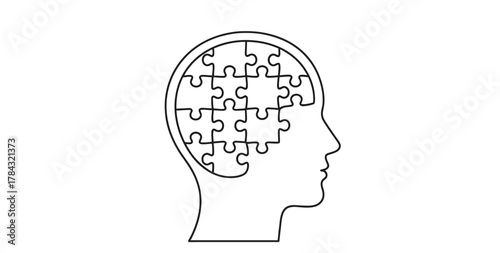 Human head outline with puzzle pieces forming the brain, representing complex thought, intelligence, memory, mental health, and problem-solving concepts.