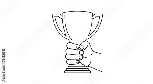 Hand holding a gleaming trophy cup, symbolizing victory, success, achievement, and winning. minimalist line art illustration on a clean white background.