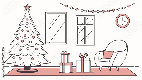 A festive christmas scene with a decorated tree, gifts, windows, a chair, and a clock, all rendered in a minimalist line art style