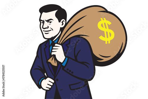 Vector design in bright tones depicting a suited man with a money bag, illustrating corruption, dishonesty, and greed in modern society.