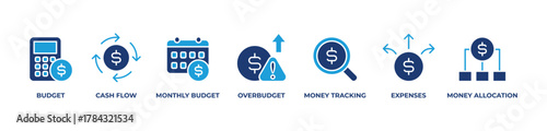 Smart Financial Management Icons set vector illustration blue with Budget, Cash flow, Monthly budget, Overbudget, Money tracking, Expenses, Money allocation