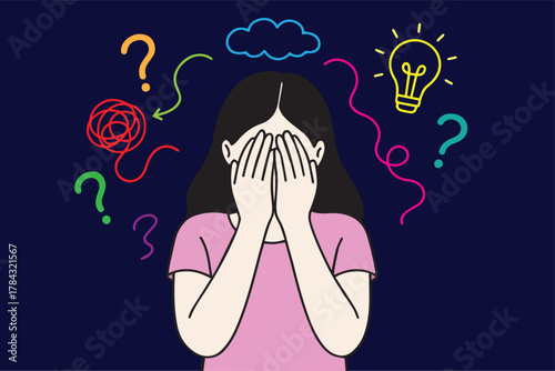 Colorful vector illustration of a young woman with anxiety, sitting with her head down, symbolizing stress, depression, and mental health awareness issues.