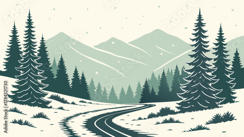 A winding road leads through a serene winter landscape, framed by snowcovered mountains and towering pine trees, evoking a sense of peaceful journey