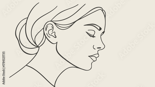 Serene womans face in a minimalist line art style, capturing tranquility and elegance with delicate lines and a focus on facial features and expression