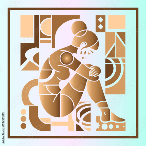Abstract Geometric Woman in Thoughtful Pose - Modern Art Deco Style Illustration