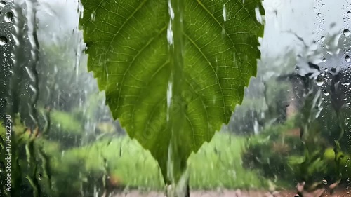 A Solitary Green Leaf on a Window During a Downpour.