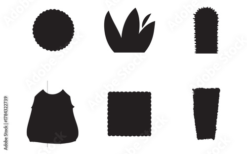 Black Silhouette Designs of Circular and Rectangular Shapes with Floral and Bushy Elements Isolated on White Background Vector Art