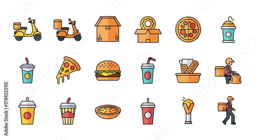 Colorful vector illustration of food delivery services and fast food icons set design