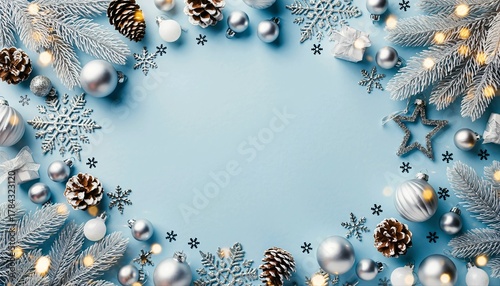 Blue Christmas flatlay background featuring silver ornaments and pine cones forming circular frame around white copyspace