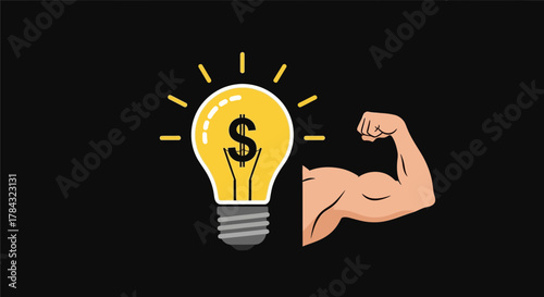 Powerful Financial Ideas: Strong Arm Next to a Lightbulb with Dollar Sign