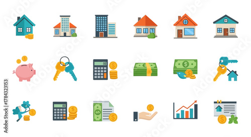 Illustrative icons conveying financial aspects related to real estate and property investment