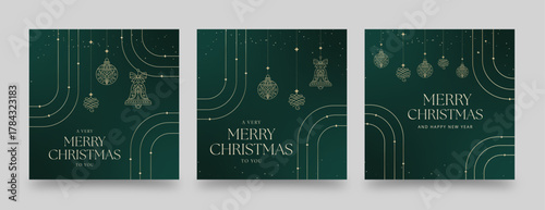 Modern Christmas Winter New Year Flyer Template with Elegant Decoration Vectors in Luxury Green & Gold Hues for Invitation, Banner, Christmas Market & Festive Background Layouts