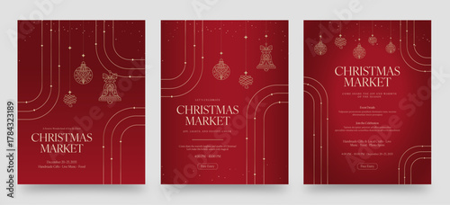 Modern Christmas Winter New Year Flyer Template with Elegant Decoration Vectors in Luxury Red & Gold Hues for Invitation, Banner, Christmas Market & Festive Background Layouts