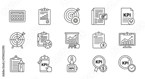Collection of outline key performance indicator (KPI) vector line icons for business strategies