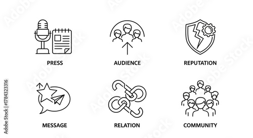 Conceptual representation of public relations and marketing strategies, using line art