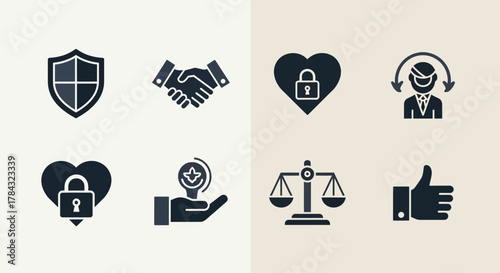 Diverse icon set representing security, trust, fairness, and customer satisfaction